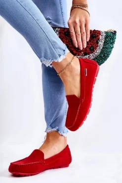 New Boto Zamszowe Mokasyny Damskie Czerwone Millare