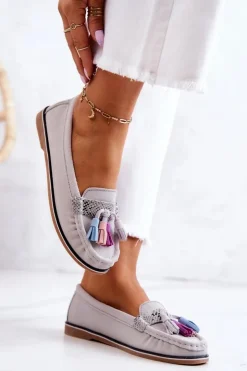 Damskie Evento Zamszowe Mokasyny Damskie Z Frędzlami Szare Laressa