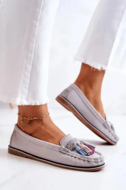 Damskie Evento Zamszowe Mokasyny Damskie Z Frędzlami Szare Laressa