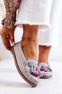 Damskie Evento Zamszowe Mokasyny Damskie Z Frędzlami Szare Laressa