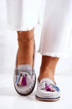 Damskie Evento Zamszowe Mokasyny Damskie Z Frędzlami Szare Laressa