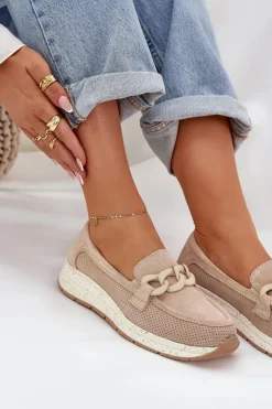 Damskie Damskie buty S.Barski Zamszowe Mokasyny Na Platformie Z Łańcuchem D&A TW552 Beżowe