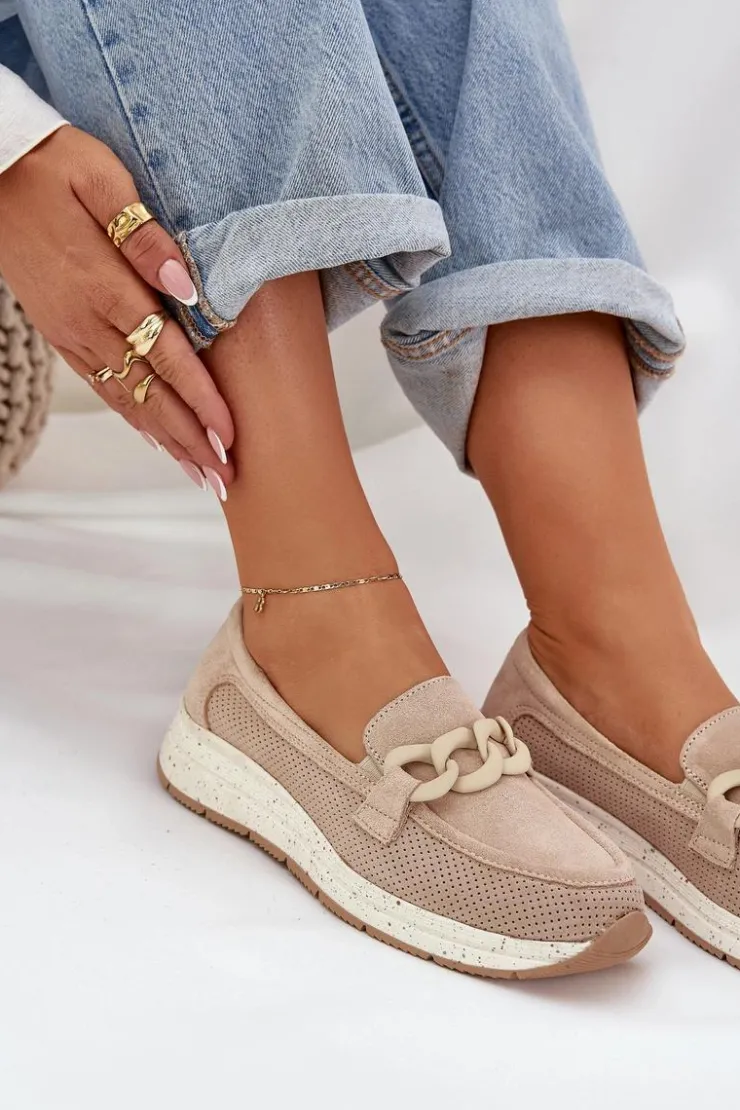 Damskie Damskie buty S.Barski Zamszowe Mokasyny Na Platformie Z Łańcuchem D&A TW552 Beżowe