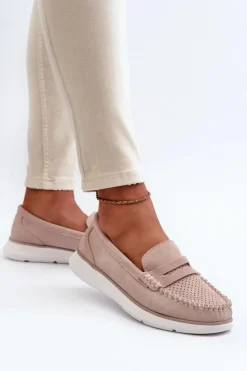 Damskie Buty Sergio Leone Zamszowe Mokasyny Na Platformie Sergio Leone SP012 Beżowe