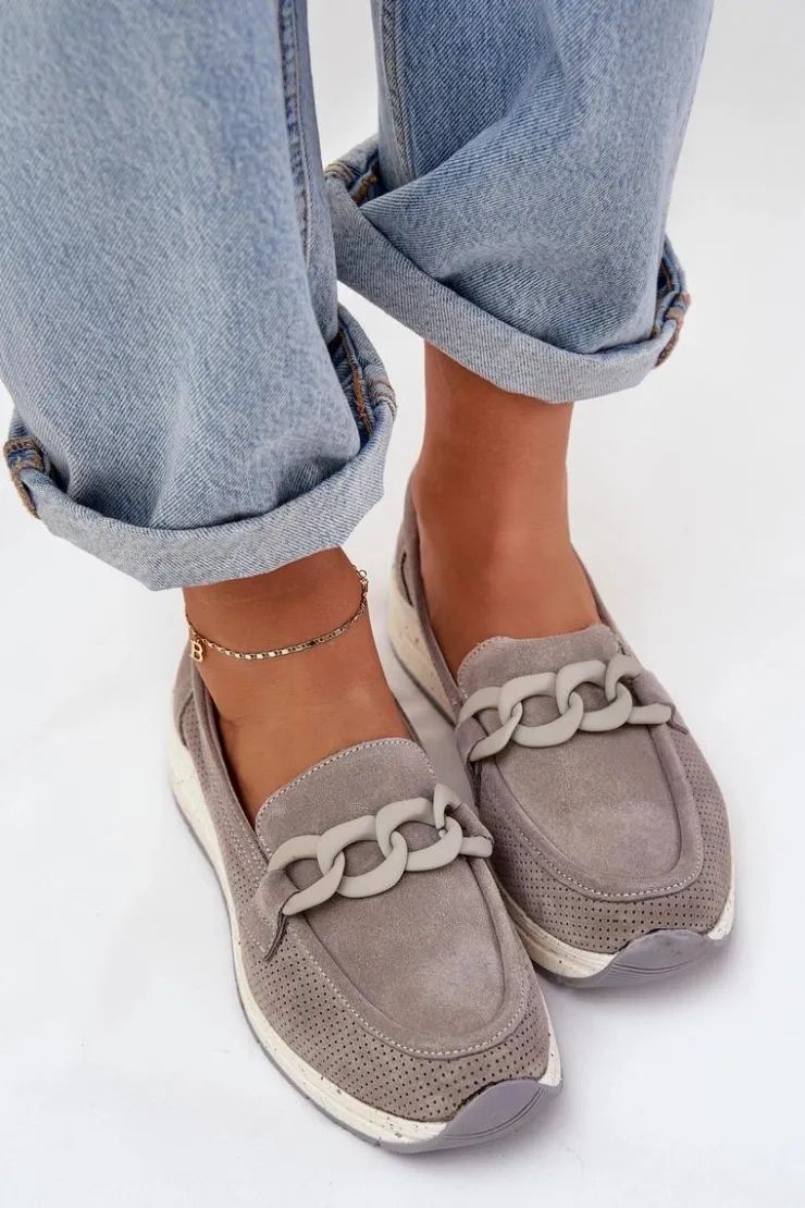 Damskie Damskie buty S.Barski Zamszowe Mokasyny Na Platformie Z Łańcuchem D&A TW552 Szare