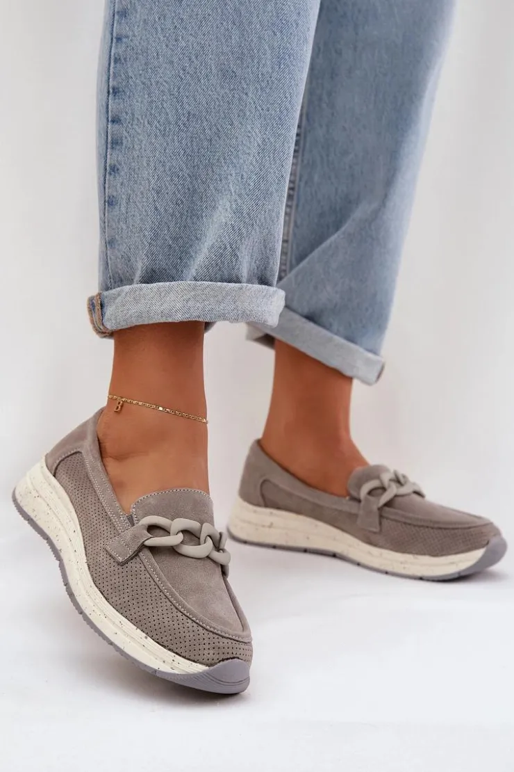 Damskie Damskie buty S.Barski Zamszowe Mokasyny Na Platformie Z Łańcuchem D&A TW552 Szare