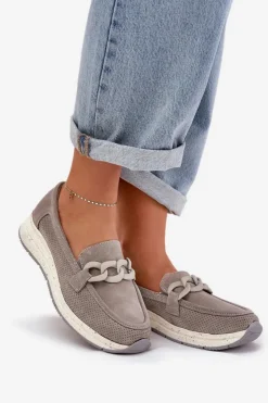 Damskie Damskie buty S.Barski Zamszowe Mokasyny Na Platformie Z Łańcuchem D&A TW552 Szare