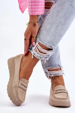 Damskie Boto Zamszowe Mokasyny Na Platformie Jasnobeżowe Lemar Milana