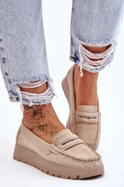 Damskie Boto Zamszowe Mokasyny Na Platformie Jasnobeżowe Lemar Milana