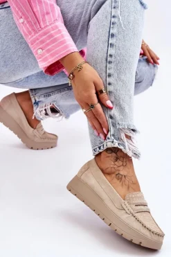 Damskie Boto Zamszowe Mokasyny Na Platformie Jasnobeżowe Lemar Milana