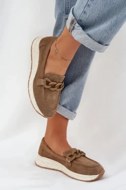 New Damskie buty S.Barski Zamszowe Mokasyny Na Platformie Z Łańcuchem D&A TW552 Brązowe