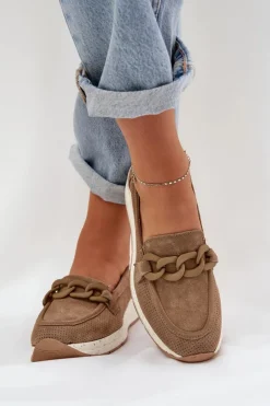 New Damskie buty S.Barski Zamszowe Mokasyny Na Platformie Z Łańcuchem D&A TW552 Brązowe