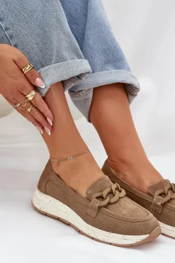 New Damskie buty S.Barski Zamszowe Mokasyny Na Platformie Z Łańcuchem D&A TW552 Brązowe