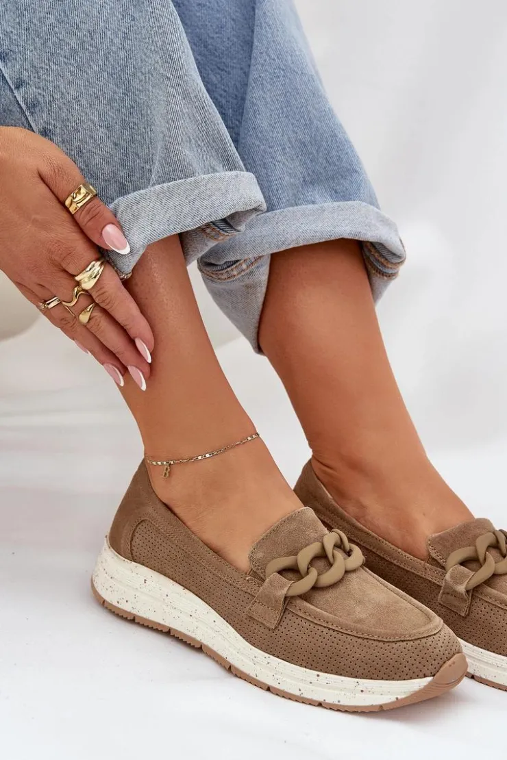 New Damskie buty S.Barski Zamszowe Mokasyny Na Platformie Z Łańcuchem D&A TW552 Brązowe