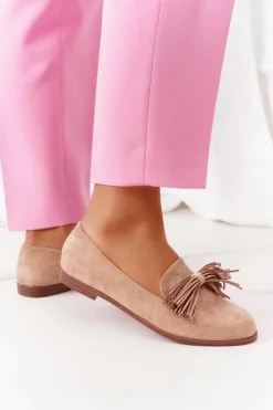 Evento Mokasyny Damskie Zamszowe*Zamszowe Mokasyny Z Frędzlami Beżowe Alicante