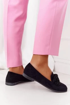 Evento Mokasyny Damskie Zamszowe*Zamszowe Mokasyny Z Frędzlami Czarne Alicante