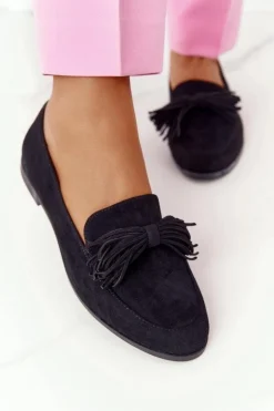 Evento Mokasyny Damskie Zamszowe*Zamszowe Mokasyny Z Frędzlami Czarne Alicante