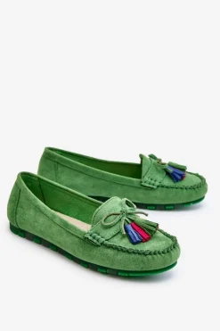 Boto Loafersy Damskie|Mokasyny Damskie Zamszowe*Zamszowe Mokasyny Z Kokardą I Frędzlami Zielone Dorine