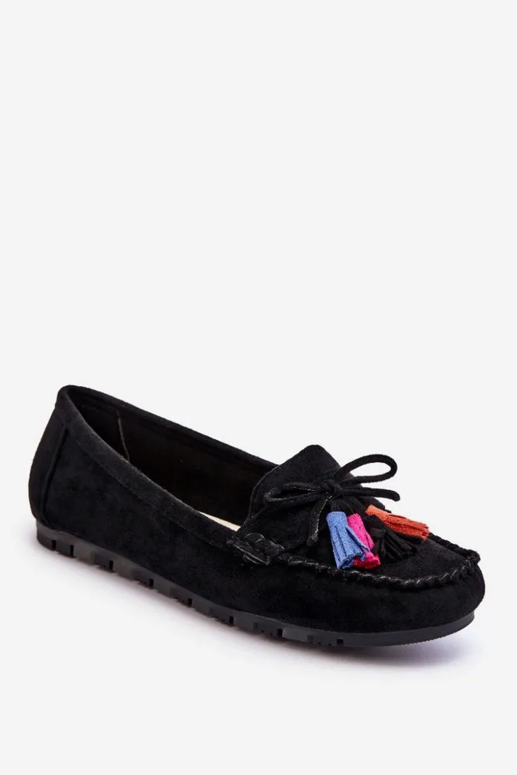 Boto Loafersy Damskie|Mokasyny Damskie Zamszowe*Zamszowe Mokasyny Z Kokardą I Frędzlami Czarne Dorine Czarny