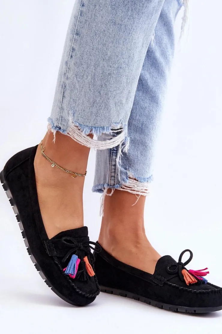 Boto Loafersy Damskie|Mokasyny Damskie Zamszowe*Zamszowe Mokasyny Z Kokardą I Frędzlami Czarne Dorine Czarny