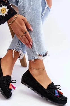 Boto Loafersy Damskie|Mokasyny Damskie Zamszowe*Zamszowe Mokasyny Z Kokardą I Frędzlami Czarne Dorine Czarny