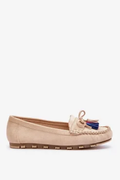 Boto Loafersy Damskie|Mokasyny Damskie Zamszowe*Zamszowe Mokasyny Z Kokardą I Frędzlami Beżowe Dorine Beżowy