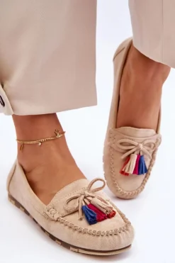 Boto Loafersy Damskie|Mokasyny Damskie Zamszowe*Zamszowe Mokasyny Z Kokardą I Frędzlami Beżowe Dorine Beżowy