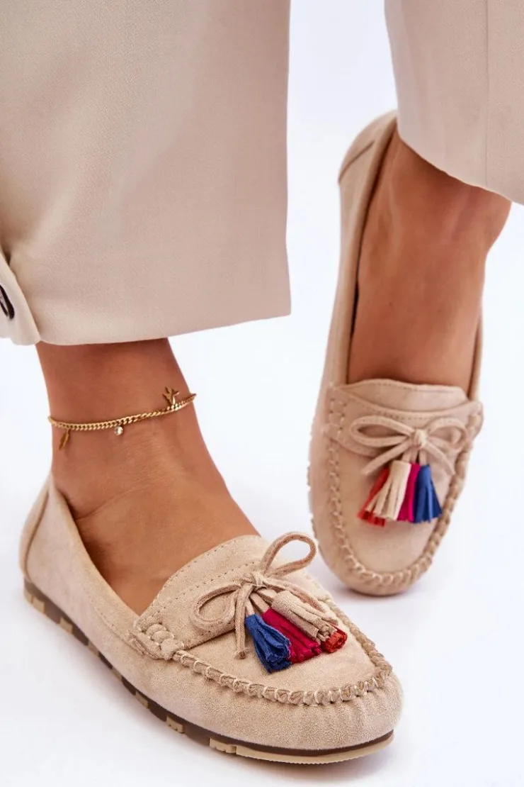 Boto Loafersy Damskie|Mokasyny Damskie Zamszowe*Zamszowe Mokasyny Z Kokardą I Frędzlami Beżowe Dorine Beżowy