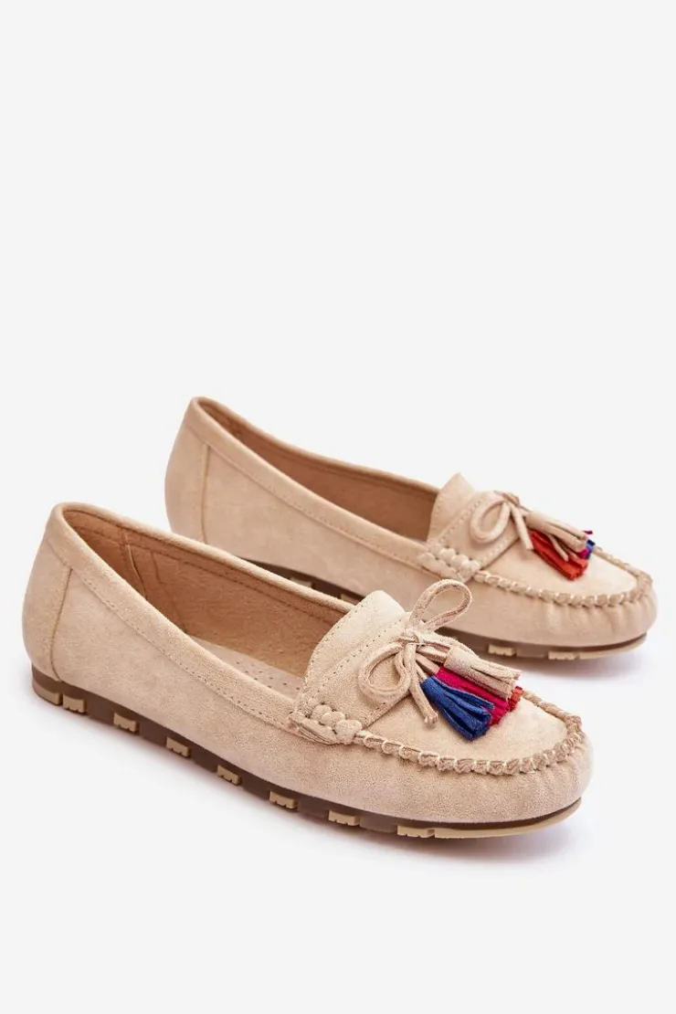 Boto Loafersy Damskie|Mokasyny Damskie Zamszowe*Zamszowe Mokasyny Z Kokardą I Frędzlami Beżowe Dorine Beżowy
