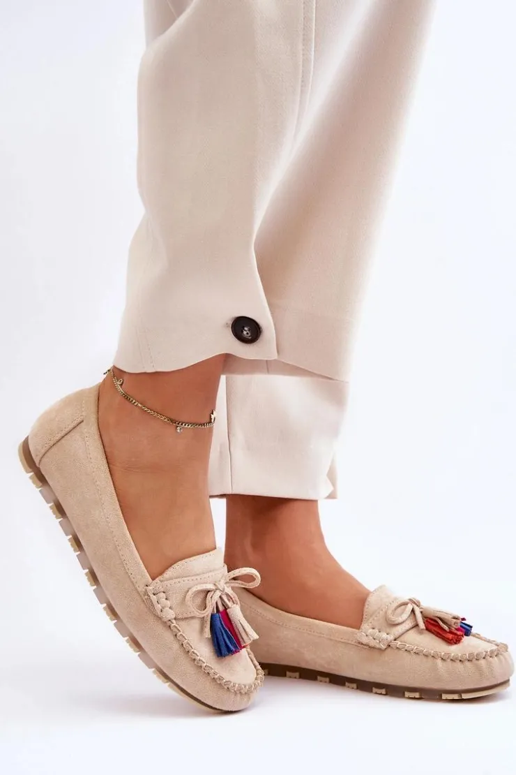 Boto Loafersy Damskie|Mokasyny Damskie Zamszowe*Zamszowe Mokasyny Z Kokardą I Frędzlami Beżowe Dorine Beżowy