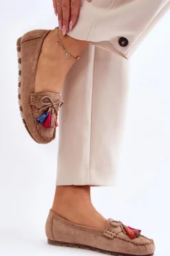 Online Boto Zamszowe Mokasyny Z Kokardą I Frędzlami Ciemnobeżowe Dorine Beżowy