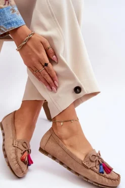 Online Boto Zamszowe Mokasyny Z Kokardą I Frędzlami Ciemnobeżowe Dorine Beżowy