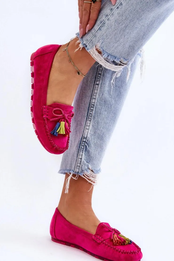 Boto Loafersy Damskie|Mokasyny Damskie Zamszowe*Zamszowe Mokasyny Z Kokardą I Frędzlami Fuksja Dorine Różowy