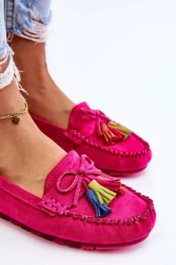 Boto Loafersy Damskie|Mokasyny Damskie Zamszowe*Zamszowe Mokasyny Z Kokardą I Frędzlami Fuksja Dorine Różowy