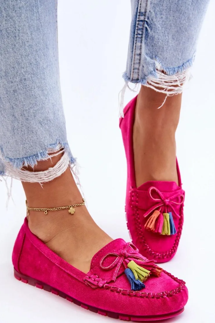 Boto Loafersy Damskie|Mokasyny Damskie Zamszowe*Zamszowe Mokasyny Z Kokardą I Frędzlami Fuksja Dorine Różowy