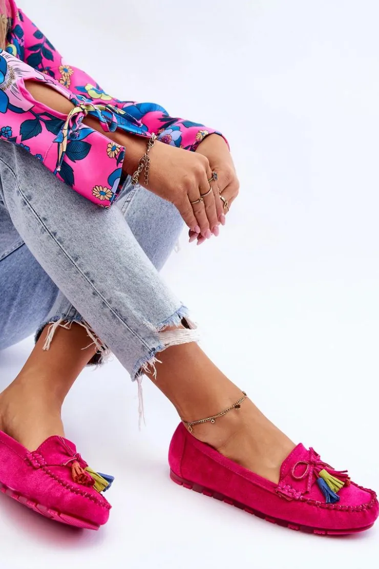 Boto Loafersy Damskie|Mokasyny Damskie Zamszowe*Zamszowe Mokasyny Z Kokardą I Frędzlami Fuksja Dorine Różowy