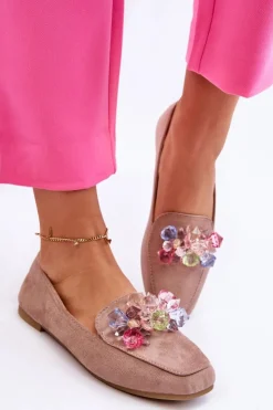 Damskie Boto Zamszowe Mokasyny Z Ozdobnymi Kryształami Ciemnobeżowe Arvilla