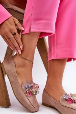 Damskie Boto Zamszowe Mokasyny Z Ozdobnymi Kryształami Ciemnobeżowe Arvilla