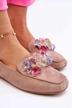 Damskie Boto Zamszowe Mokasyny Z Ozdobnymi Kryształami Ciemnobeżowe Arvilla