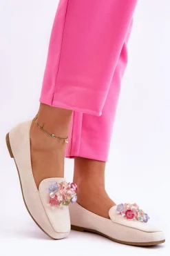 Boto Mokasyny Damskie Zamszowe*Zamszowe Mokasyny Z Ozdobnymi Kryształami Beżowe Arvilla