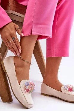 Boto Mokasyny Damskie Zamszowe*Zamszowe Mokasyny Z Ozdobnymi Kryształami Beżowe Arvilla