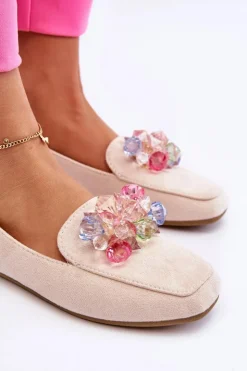 Boto Mokasyny Damskie Zamszowe*Zamszowe Mokasyny Z Ozdobnymi Kryształami Beżowe Arvilla