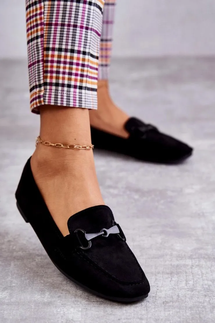 Damskie Boto Zamszowe Mokasyny Z Ozdobą Czarne Santi