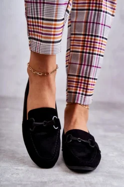 Damskie Boto Zamszowe Mokasyny Z Ozdobą Czarne Santi