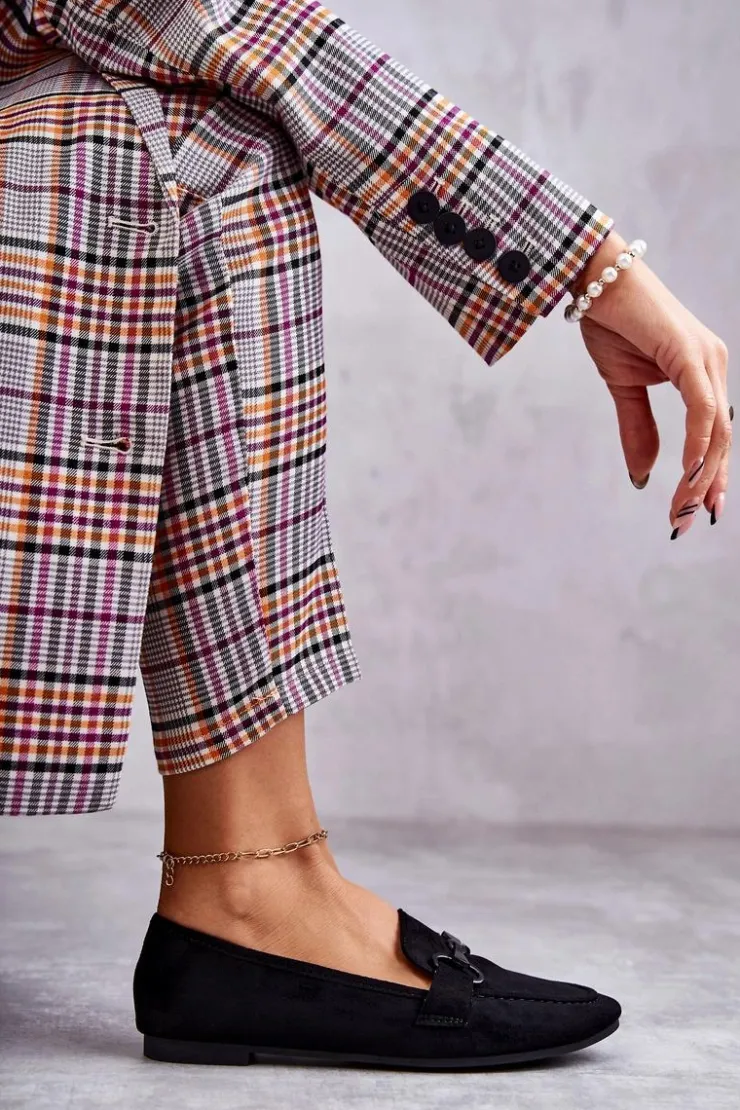 Damskie Boto Zamszowe Mokasyny Z Ozdobą Czarne Santi