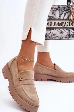 Damskie Boto Zamszowe Mokasyny Z Ozdobą Beżowe Esperta