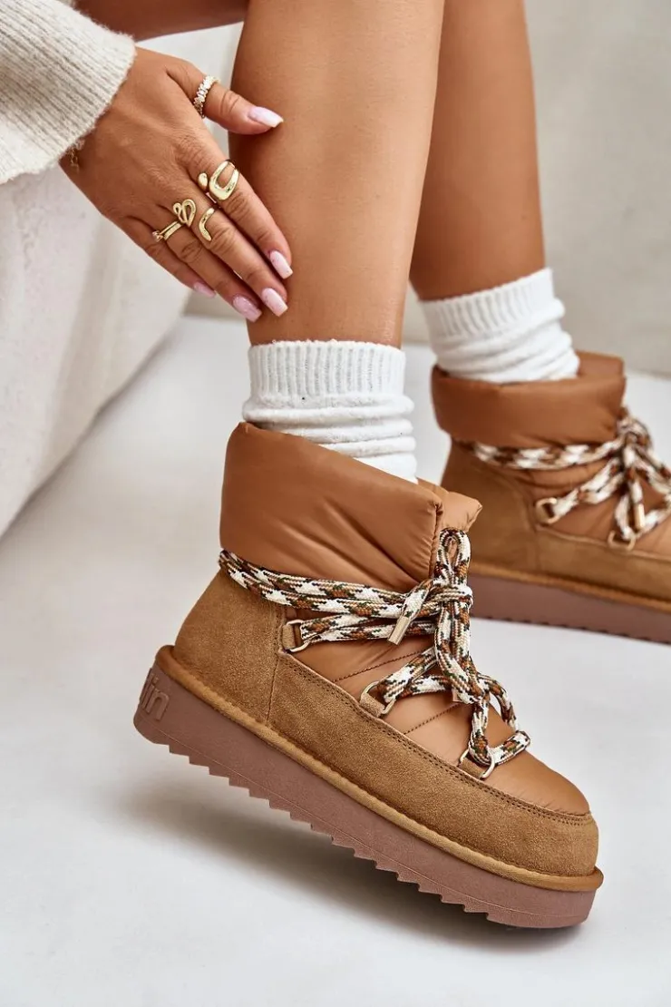 Damskie D.Franklin Zamszowe Śniegowce Damskie Z Grubym Sznurowaniem DFSH375003 Brązowe