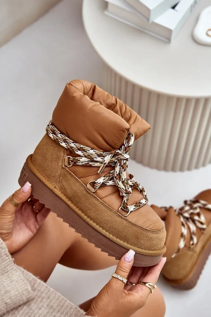 Damskie D.Franklin Zamszowe Śniegowce Damskie Z Grubym Sznurowaniem DFSH375003 Brązowe