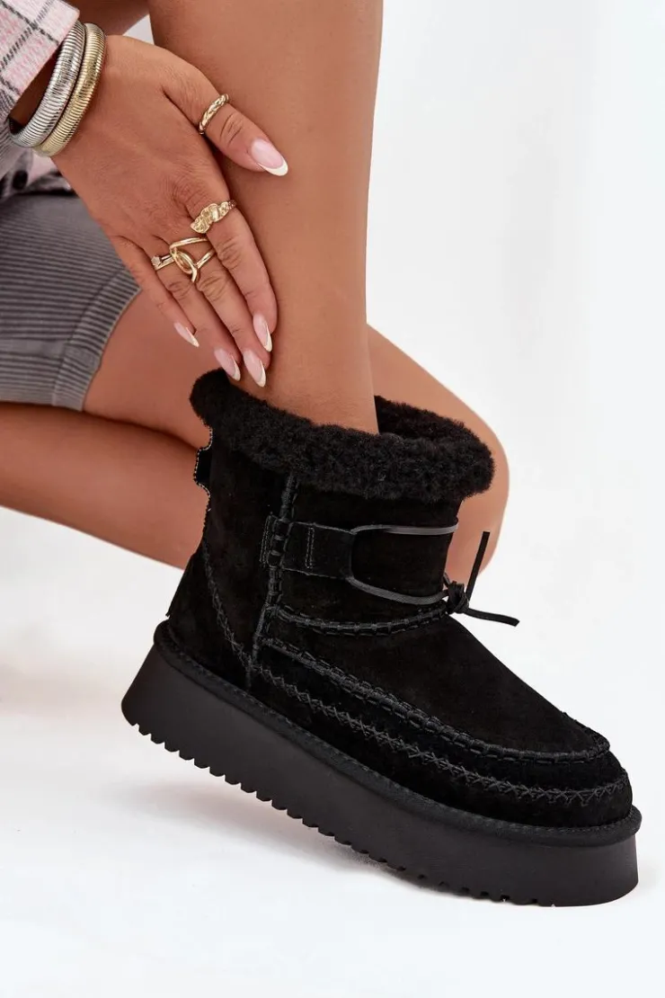 New Big Star Shoes Zamszowe Śniegowce Damskie Z Ozdobnymi Przeszyciami Big Star SS274372 Czarne Czarny