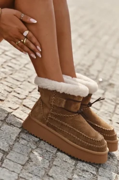 Big Star Shoes Śniegowce Damskie*Zamszowe Śniegowce Damskie Z Ozdobnymi Przeszyciami Big Star SS274373 Camel Brązowy